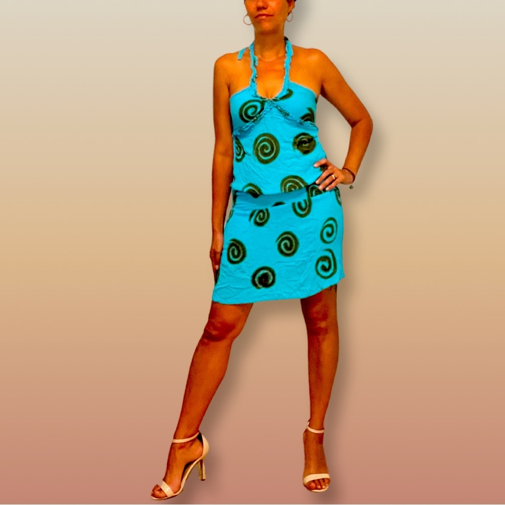 One Size Blue Swirl Print Beach,hobo, Summer Smocked Waist Halter Dress